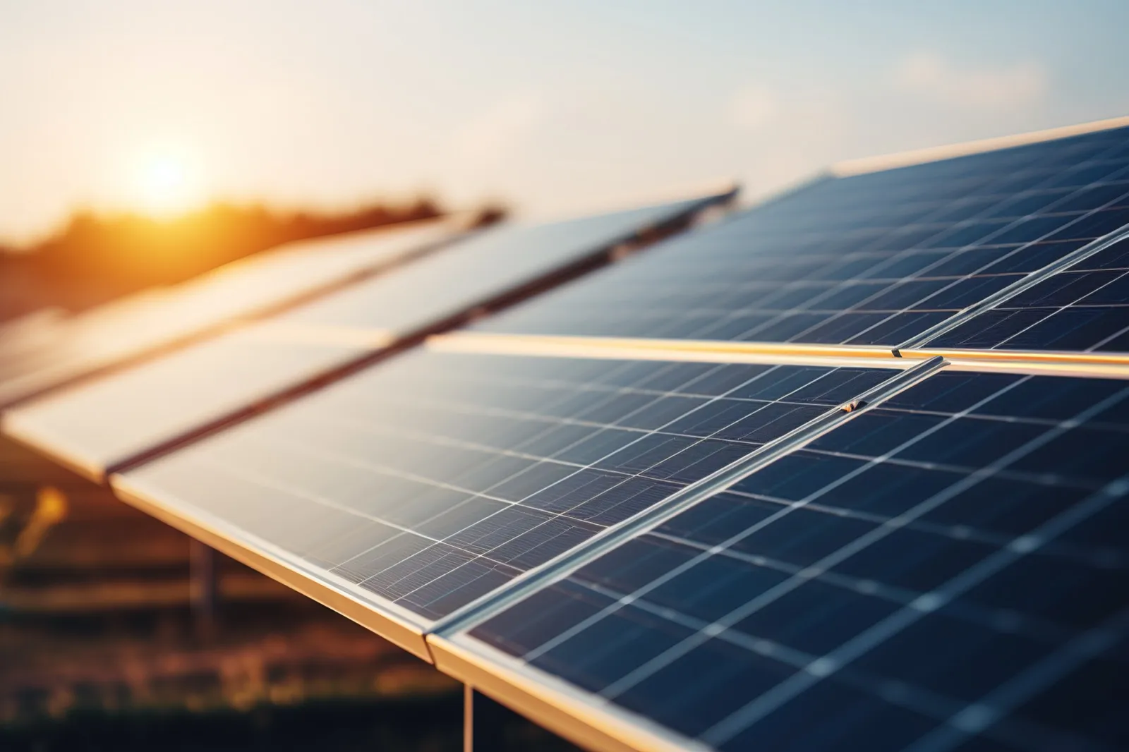 Solarmodule einer Photovoltaik-Anlage im warmen Abendlicht